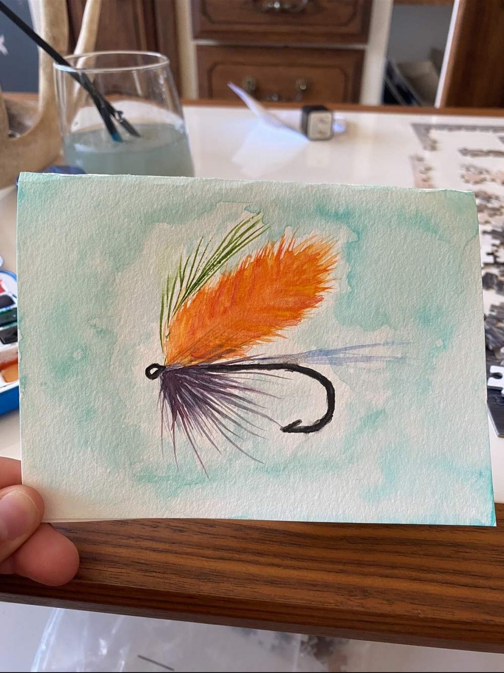 CUSTOM Hand-Painted - Feather Fly Art Print - Orange Accent